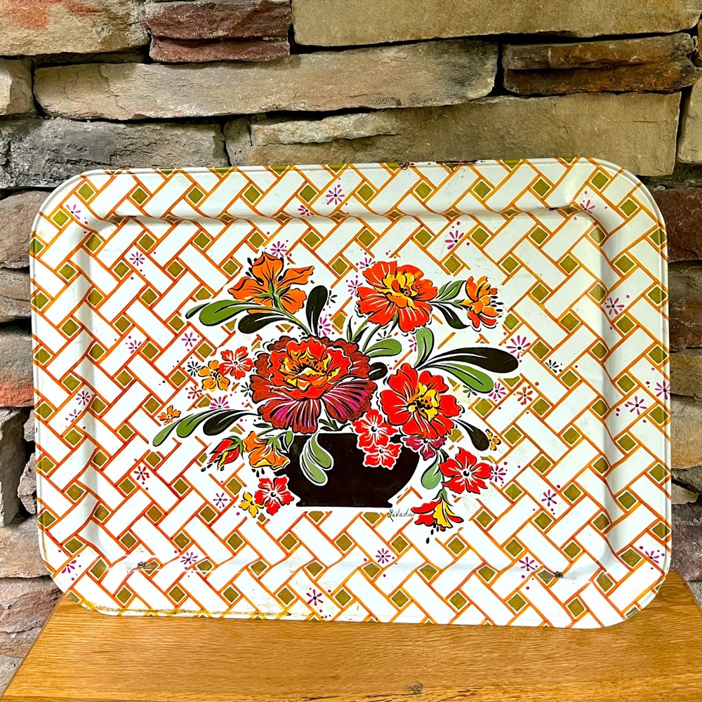 VTG Metal Bed Tray Folding TV LaVada Floral Lattice Orange 60s